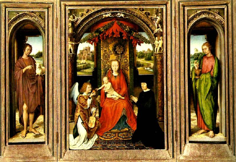 Hans Memling madonnan med barnet tronande med angel och donator Germany oil painting art